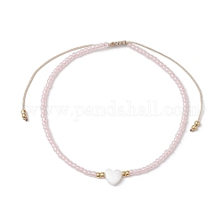 Bracelets de perles tressées en coquillage naturel et graines de verre en forme de cœur, bracelet en nylon réglable, blush lavande, diamètre intérieur: 2-1/4~3-1/2 pouce (5.7~9 cm)