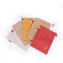 黄麻布製梱包袋ポーチ  巾着袋  木製のビーズで  ミックスカラー  13.8~14.3x10.8~11.5cm