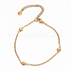 304 Stainless Steel Cable Chain Anklets, with Heart Links and Lobster Claw Clasps, Golden, 8-5/8 inch(21.8cm)