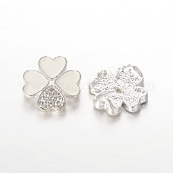 Silver Plated Clover Alloy Enamel Beads, with Crystal Rhinestones, White, 19x18.5x5.5mm, Hole: 2mm
