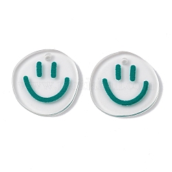 Pendenti in acrilico stampato trasparente, rotondo piatto con fascino volto sorridente, verde acqua, 20.5~21x20~21x2mm, Foro: 1.6 mm