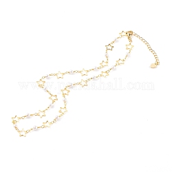 Verre rond colliers de perles, avec maillons étoiles en laiton, blanc, or, 16.33 pouce (41.5 cm)