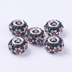 Resin European Beads, with Silver Color Brass Double Cores and Rhinestones, Rondelle, Jet & Crystal, 15x9.4mm, Hole: 5mm