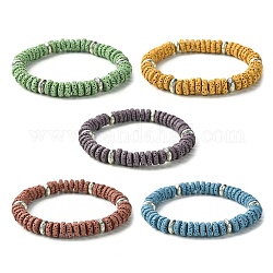 Dyed Natural Lava Rock Flat Round Beaded Stretch Bracelets for Women, Mixed Color, Inner Diameter: 2-1/2 inch(6.2cm)