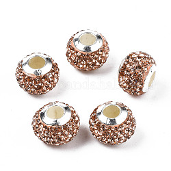 Handmade Polymer Clay Rhinestone European Beads, with Silver Tone CCB Plastic Double Cores, Large Hole Beads, Rondelle, Jet Brown Flare, 12.5~13x10mm, Hole: 4.5mm