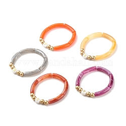 Imitation Gemstone Acrylic Curved Tube Beaded Stretch Bracelet, Initial Letter Chunky Bracelet for Women, Mixed Color, Inner Diameter: 2-1/8 inch(5.3cm)