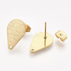 304 Stainless Steel Stud Earring Findings, with Ear Nuts/Earring Backs, teardrop, with Wave Pattern, Golden, 16x10.5mm, Hole: 1mm, Pin: 0.7mm