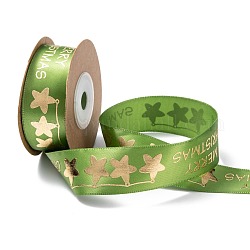 Cinta de poliéster, patrón de estrella con la palabra feliz navidad, verde, 1 pulgada (26 mm), aproximamente 10 yardas / rodillo