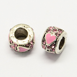 Perles européennes alliage strass de style de l'émail, Rondelle de grandes perles de trou, argent antique, rose, 10x7mm, Trou: 5mm