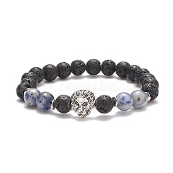 Bracelet extensible en roche de lave naturelle et jaspe à pois bleus avec perles en alliage, bijoux en pierres précieuses pour femmes, motif de lion, tête de lion: 13x12x8mm, diamètre intérieur: 2 pouce (5.2 cm)