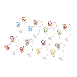 Aretes de mariposa con cuentas de vidrio y perla acrílica, pendientes grandes de latón sin piercing para mujer, color mezclado, 148mm, pin: 0.8 mm