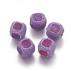 Natural Druzy Agate Beads, with Polymer Clay Rhinestone, Cube, Purple, 16~19x16~19x16~19mm, Hole: 1.4mm