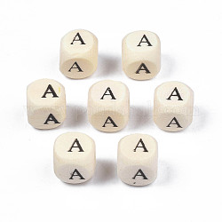 Printed Natural Wood Beads, Horizontal Hole, Cube with Initial Letter, PapayaWhip, Letter.A, 10x10x10mm, Hole: 3.5mm