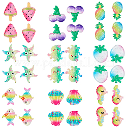 Resin Cabochons, with Glitter Powder, Watermelon, Grape, Pineapple, Peach, Starfish, Shell, Fish, Octopus, Sea Horse, Mixed Color, 18.5~26x13.5~23x3.5~6.5mm, 36pcs/set