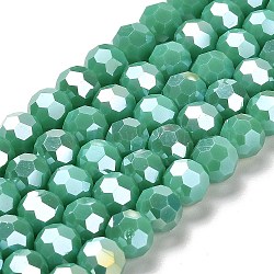 Supporti per perle di vetro opaco, ab colore, sfaccettato (32 sfaccettatura), tondo, verde mare medio, 8x7~7.5mm, Foro: 1.5 mm, circa 66pcs/filo, 18.82~19.06 pollice (47.8~48.4 cm)