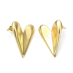 Heart Brass Stud Earrings for Women, Real 18K Gold Plated, 29x21mm, Pin: 0.7mm