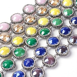 Electroplate Glass Beads Strands, with Rhinestone, Faceted, Flat Round, Mixed Color, 18~18.5x9.5mm, Hole: 1mm, about 9pcs/strand, 8.26 inch(21cm)
