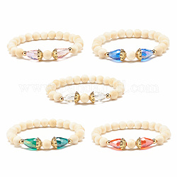 Bracelet extensible en perles rondes en bois naturel avec verre en forme de larme, bijoux de yoga pour femmes, couleur mixte, diamètre intérieur: 2-1/4 pouce (5.8 cm)