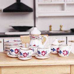 Мини керамические чайные сервизы, включая чашку, чайник, блюдце, аксессуары для кукольного домика в микроландшафтном саду, притворяясь опорными украшениями, цветок, 13~27 мм, 15 шт / комплект