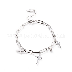 Bracelets avec breloque en 304 acier inoxydable, avec chaînes trombones et zircone cubique transparente, croix, couleur inoxydable, 6-7/8 pouce (17.5 cm)