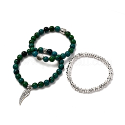 Ensemble de bracelets extensibles en chrysocolle synthétique et hématite non magnétique pour cadeau homme femme, avec breloque et perles en alliage tête et aile de bouddha, diamètre intérieur: 2-1/8~2-3/8 pouce (5.5~6 cm), 3 pièces / kit