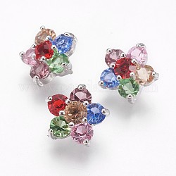 Латунные кубические кнопки из циркония, цветок, красочный, платина, 12x12x7.5 мм, отверстие : 1.2 мм