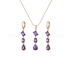 Kits de bijoux en laiton, pendentifs et boucles d'oreilles pendentif, avec zircons, carré et ovale et larme, violet, véritable 18k plaqué or
