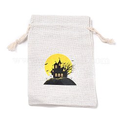Bolsas de almacenamiento de tela de algodón de halloween, rectángulo mochilas de cuerdas, para bolsas de regalo de dulces, patrón de torre, 13.8x10x0.1 cm