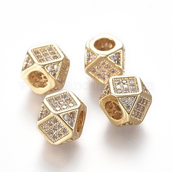 Perles de zircone cubique micro pave en Laiton, polygone, clair, véritable 18k plaqué or, 6.5~7x6.5~7x6.5~7mm, Trou: 3mm, longueur diagonale: 9mm