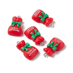 Ciondoli in resina opaca a tema natalizio, con i risultati di ferro tono platino, sacchetto del regalo, rosso, 25x15x7mm, Foro: 2 mm