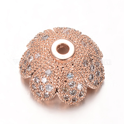 Tappi di perline in zirconia cubica con micro-pavé in ottone a fiore multi-petalo ecologico,  piombo & nichel libero, oro roso, 11x4.8mm, Foro: 1 mm