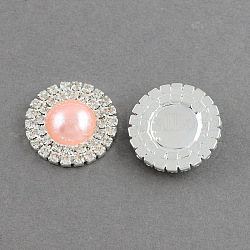 Shining Flatback Half Round Brass ABS Plastic Imitation Pearl Cabochons, with Grade A Crystal Rhinestones, Silver Metal Color, Navajo White, 24x7mm