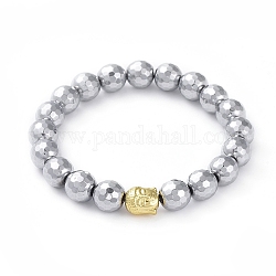 Bracelets extensibles unisexes, avec des perles rondes en hématite synthétique non magnétique à facettes et de véritables perles en alliage plaqué 18k or véritable, tête de bouddha, platine, 2-1/4 pouce (5.7 cm)