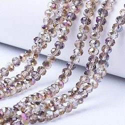 Electroplate Transparent Glass Beads Strands, Half Plated, Faceted, Rondelle, Rose Gold Plated, 3.5x3mm, Hole: 0.4mm, about 123~127pcs/strand, 13.7~14.1 inch(35~36cm)