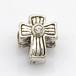 Croix d'Argent antique perles alliage de tonalité de strass, Perles avec un grand trou   , cristal, 11x9x8mm, Trou: 4mm