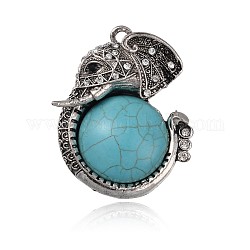 Antique Silver Plated Alloy Rhinestone Elephant Big Pendants, with Synthetic Turquoise Half Round Cabochons, Synthetic Turquoise, 58x44x8mm, Hole: 4mm