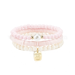 3Pcs Handmade Polymer Clay Heishi Surfer Stretch Bracelets Set with Glass Pearl, Preppy Bracelets with Alloy Word Charms for Women, Pink, Inner Diameter: 2-1/8 inch(5.5cm)