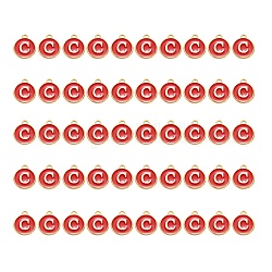 Breloques en alliage plaqué or, avec l'émail, paillettes émaillées, plat rond, rouge, letter.c, 14x12x2mm, Trou: 1.5mm, 50 pcs / boîte
