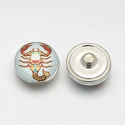 Bottoni automatici per gioielli in ottone mezzo tondo / cupola tono platino, con cabochon in vetro modello scorpione, colorato, 18x10mm, knob: 5.5mm
