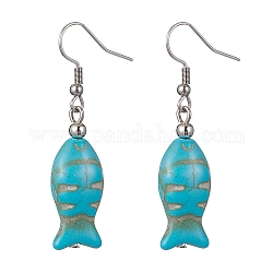 Boucles d'oreilles pendantes turquoise synthétique poisson, 304 boucle d'oreille en acier inoxydable pour femme, 48x12mm