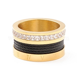 Anello da dito a fascia larga con zirconi chiari e numeri romani, 304 anello avvolto a forma di cavo in acciaio inossidabile per donna, oro, misura degli stati uniti 7 (17.3mm)