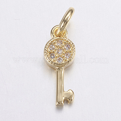 Brass Micro Pave Cubic Zirconia Pendants, Long-Lasting Plated, Real 18K Gold Plated, Key, 12.5x4.5x1.5mm, Hole: 2.5mm
