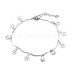 304 Armbandkette aus überbackenem Edelstahl, mit Lächelnsanhänger und Hummerkrallenverschlüsse, Edelstahl Farbe, 8-1/8 Zoll (20.5 cm)