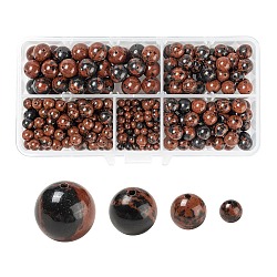 340pcs 4 perles d'obsidienne en acajou naturel, ronde, 4mm / 6mm / 8mm / 10mm, Trou: 1mm