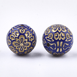 Plating Acrylic Beads, Metal Enlaced, Round with Flower, Blue, 13.5~14mm, Hole: 1.5mm, about 325pcs/500g