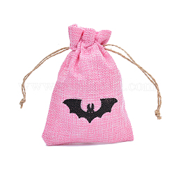Мешочки для упаковки мешковины на Хэллоуин, шнурок сумки, прямоугольник с рисунком летучей мыши, ярко-розовый, 15x10 см