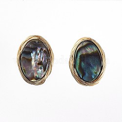 Abalone Shell/Paua Shell Stud Earrings, with Copper Wire, Brass Stud Earring Findings and Ear Nuts, with Cardboard Packing Box, Oval, Golden, 14x11mm, Pin: 0.7mm