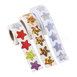 CHGCRAFT 3 Rolls 3 Styles Laser Star Self-Adhesive Gift Tag Glitter Foil Sticker Labels, Waterproof Decals for Festival, Hoilday, Wedding Presents Decoration, Mixed Color, 21.5~24x22.5~25x0.1mm, 1 roll/style