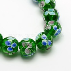 Handmade Inner Flower Lampwork Round Beads Strands, Green, 11x12mm, Hole: 2mm, about 33pcs/strand, 14.17 inch