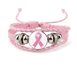 Dreischichtiges mehrreihiges Armband aus Kunstleder, Oktober Brustkrebs rosa Bewusstseinsband Legierung Glasglieder verstellbares Armband für Frauen, rosa, 7-1/8 Zoll (18 cm)